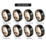 font options for inside engraving on black & rose gold cheerful coffee cup rings
