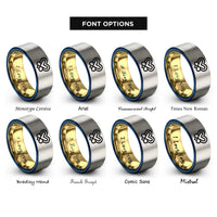 font options for inside engraving on gold & blue & grey chevron heart infinity rings
