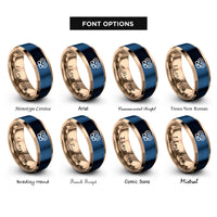 font options for inside engraving on rose gold & blue chevron heart infinity rings