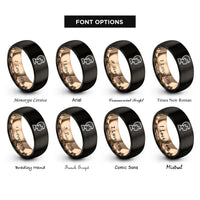 font options for inside engraving on black & rose gold child waveform rings