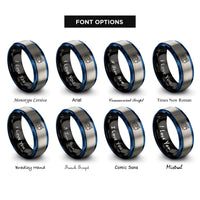 font options for inside engraving on black & blue & grey chip log reel rings