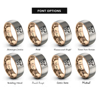 font options for inside engraving on rose gold & grey chocolate drizzle rings