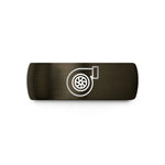 engraved rings for couples – gunmetal & black tungsten turbo badge wedding band