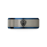 personalized rings for her – blue & grey tungsten boxing emblem gloves wedding band