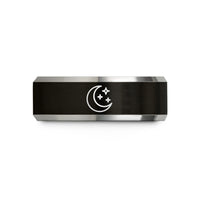 unique friend present ideas – black & silver tungsten crescent moon stars wedding band