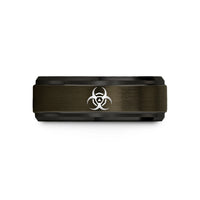engraved rings for partners – gunmetal & black tungsten biohazard wedding band