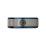 tungsten rings for men – blue & silver tungsten circular postmark wedding band