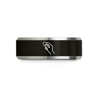 best rings for him – black & gray tungsten hand holding pick wedding band