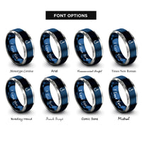 font options for inside engraving on blue & silver circle hook knot rings