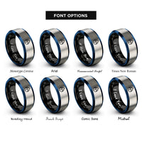 font options for inside engraving on black & blue & gray circle segment rings