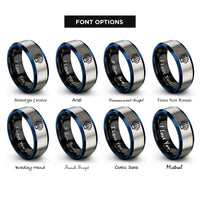 font options for inside engraving on black & blue & grey clam shell rings