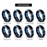 font options for inside engraving on blue & gray clamshell handheld rings