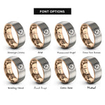 font options for inside engraving on rose gold & grey clock icon heart rings