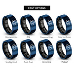 font options for inside engraving on black & blue cloud sync arrows rings
