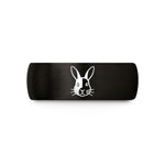 engraved jewelry for her – black & rose gold tungsten harlequin rabbit wedding band