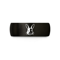 engraved jewelry for her – black & rose gold tungsten harlequin rabbit wedding band