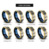 font options for inside engraving on gold & blue & grey confetti burst rings