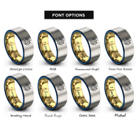 font options for inside engraving on gold & blue & gray confetti burst rings