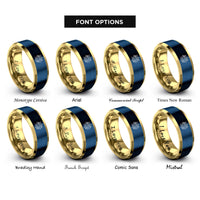 font options for inside engraving on gold & blue confetti burst rings