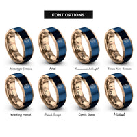 font options for inside engraving on rose gold & blue confetti burst rings