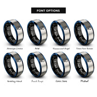font options for inside engraving on black & blue & grey conjunction rings