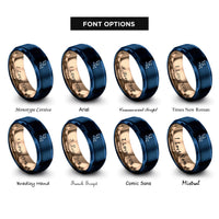 font options for inside engraving on blue & rose gold constellation heart rings