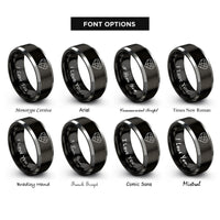 font options for inside engraving on black & silver constellation heart pattern rings