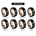 font options for inside engraving on black & rose gold contemporary dancer leap rings