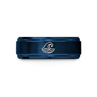 engraved couples rings – blue tungsten wave band wedding band