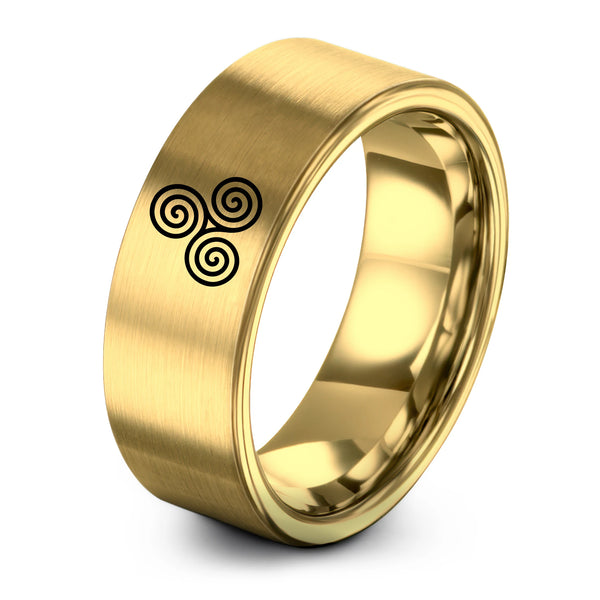 Triskelion Celtic Spiral – Tungsten Wedding Band, 8 mm, Gold Comfort-Fit Unisex