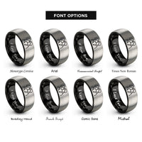 font options for inside engraving on black & gray couple kissing silhouette rings