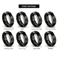 font options for inside engraving on black & gray couple kissing silhouette rings