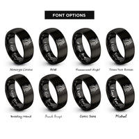 font options for inside engraving on black couple on beach rings