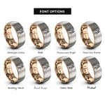 font options for inside engraving on rose gold & gray couple on beach rings