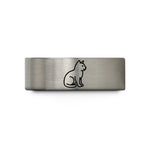 his and hers rings – grey tungsten kitten silhouette sitting wedding band