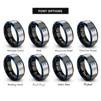 font options for inside engraving on black & blue & grey crescent bats rings