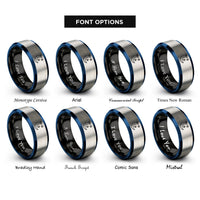 font options for inside engraving on black & blue & grey crescent moon stars rings