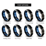 font options for inside engraving on black & blue & grey cricket bowler delivery rings