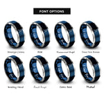 font options for inside engraving on blue & grey cricket bowler delivery rings