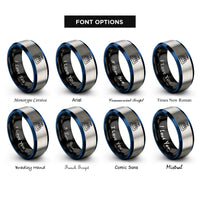 font options for inside engraving on black & blue & silver cricket pitch wickets rings