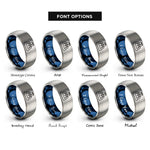 font options for inside engraving on blue & silver cricket pitch wickets rings