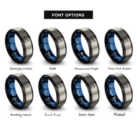 font options for inside engraving on black & blue & gray cross country skier rings