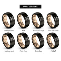 font options for inside engraving on black & rose gold crossed arrows heart rings