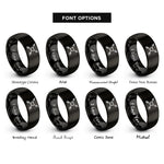 font options for inside engraving on black crossed arrows heart rings