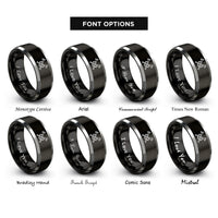 font options for inside engraving on black & silver crossed bugles 3 rings