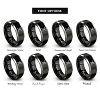 font options for inside engraving on black & grey crossed flutes rings
