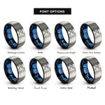 font options for inside engraving on black & blue & grey crossed paddles wave rings