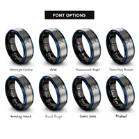 font options for inside engraving on black & blue & gray crossed paddles wave rings