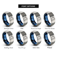 font options for inside engraving on blue & grey crossed paddles wave rings