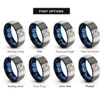 font options for inside engraving on black & blue & silver crossed surfboards wave rings
